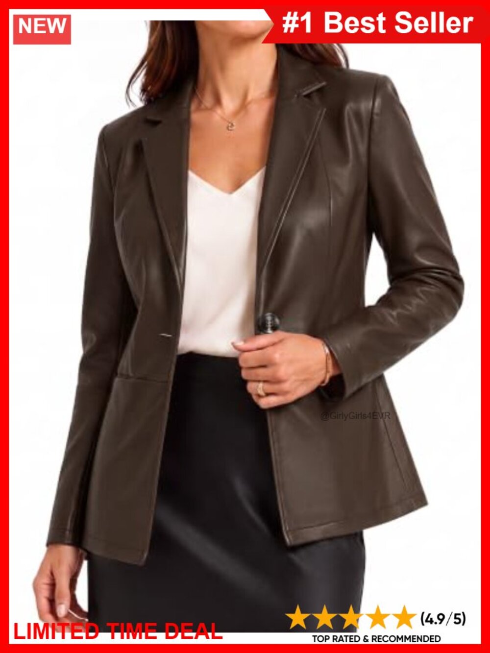 Faux Leather Blazer Jacket 3/4 Sleeve Notch Collar Business Casual